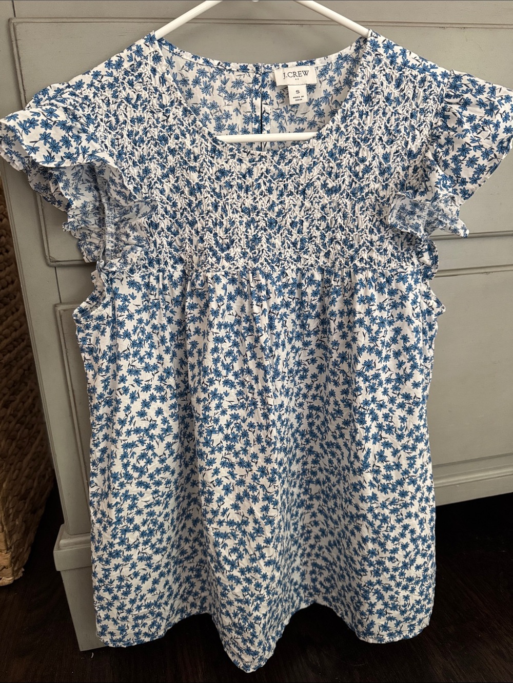 J. Crew White and Blue Floral Smocked Flutter Sleeve Top